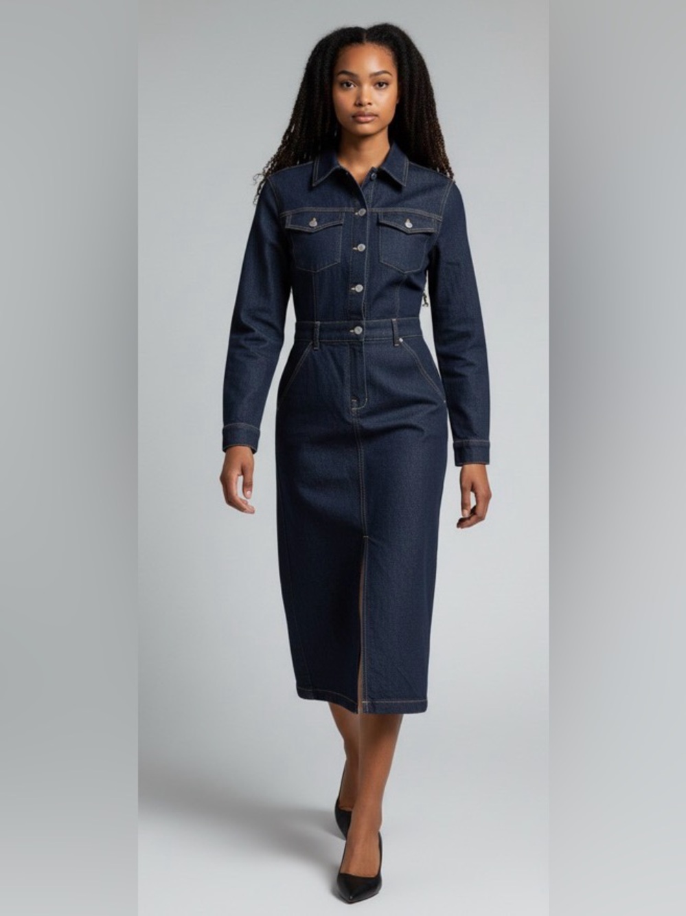 Hudson Dark Indigo Denim Midi Dress with contrast Stitching XS